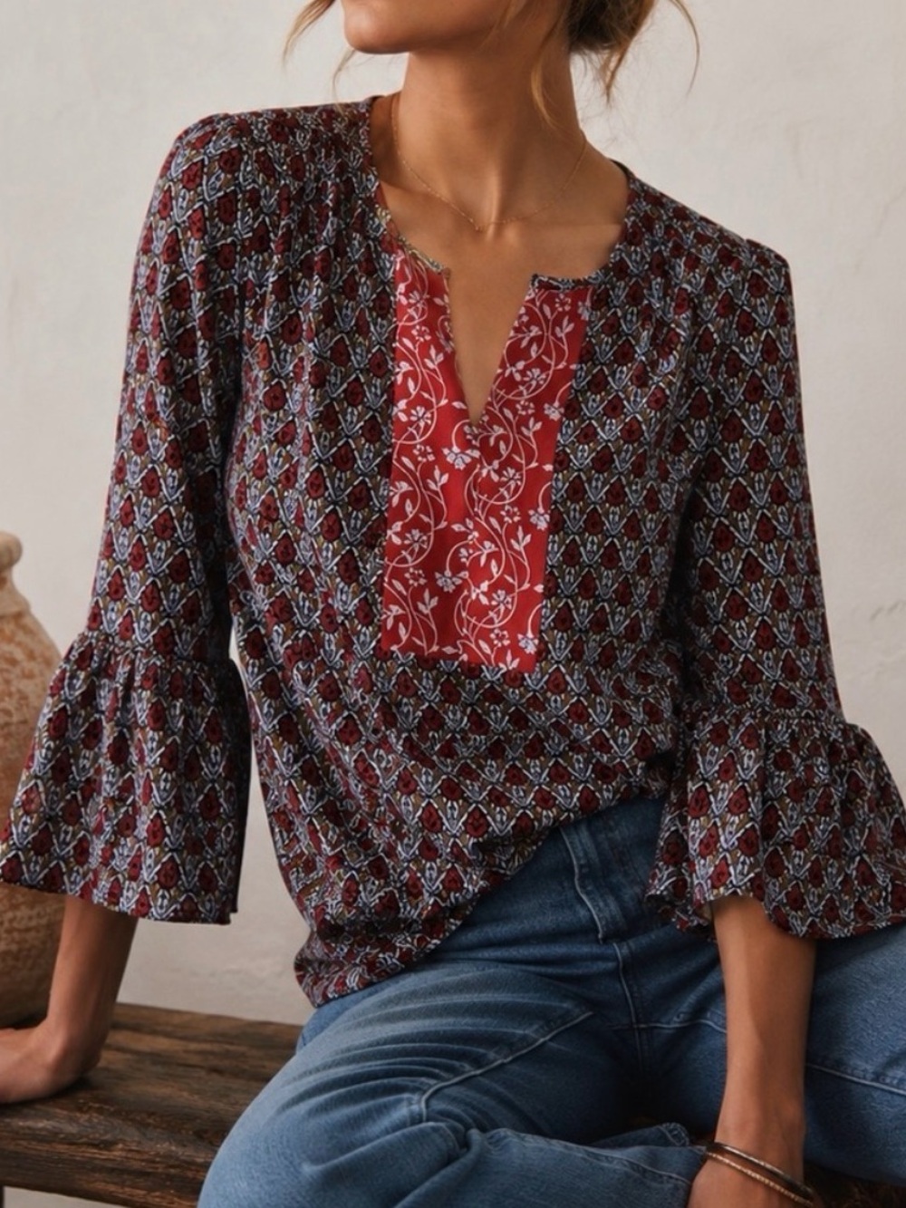 Red and Turquoise Patterned Peasant Hippie Blouse with Bell Sleeve Size XS